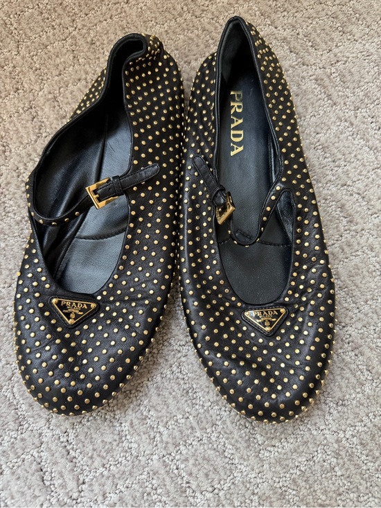 Prada Shoes - Prada Black Leather Studded Mary Jane Flats with Gold Accents
